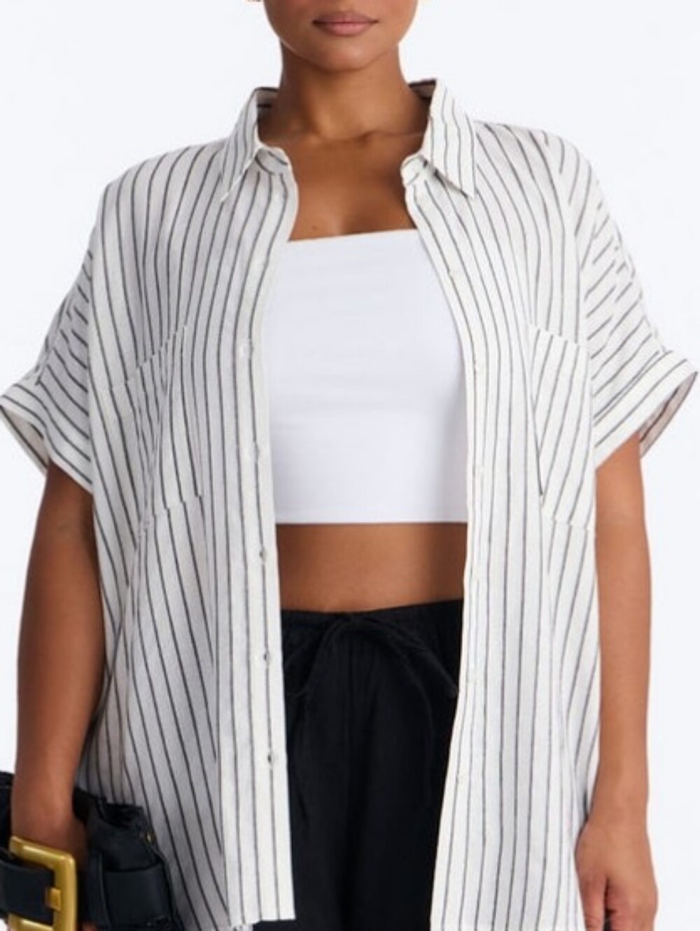 Fashion Nova White Black Striped Short-Sleeve Button-Down